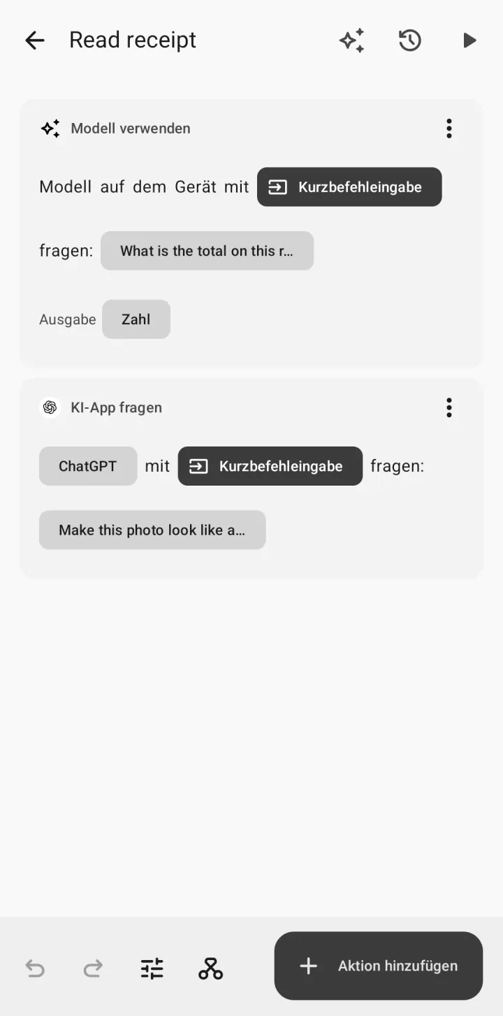 Schritte eines Kurzbefehls, die KI nutzen