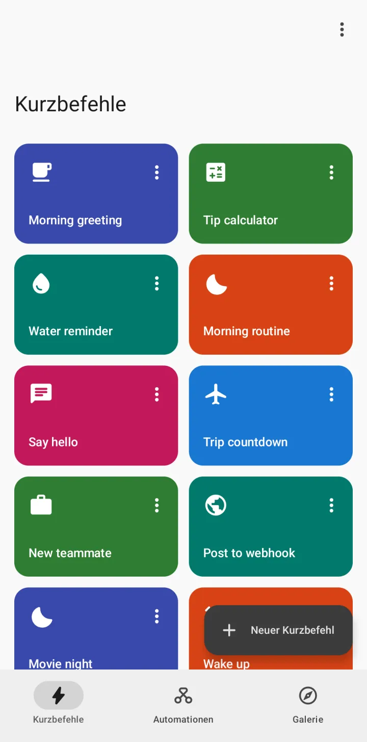 Der Tab „Kurzbefehle“ mit farbigen Kurzbefehlen