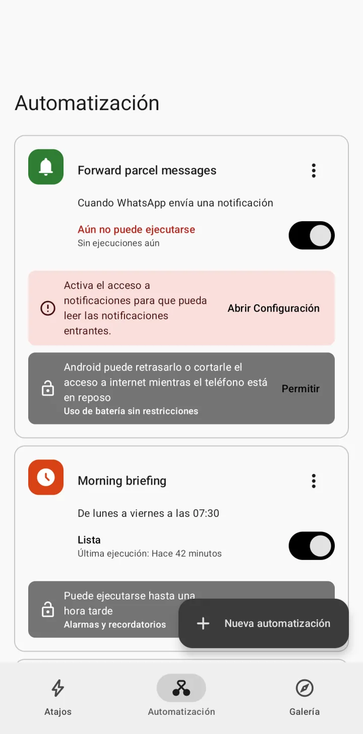 La pestaña Automatizaciones: cada una muestra si está lista