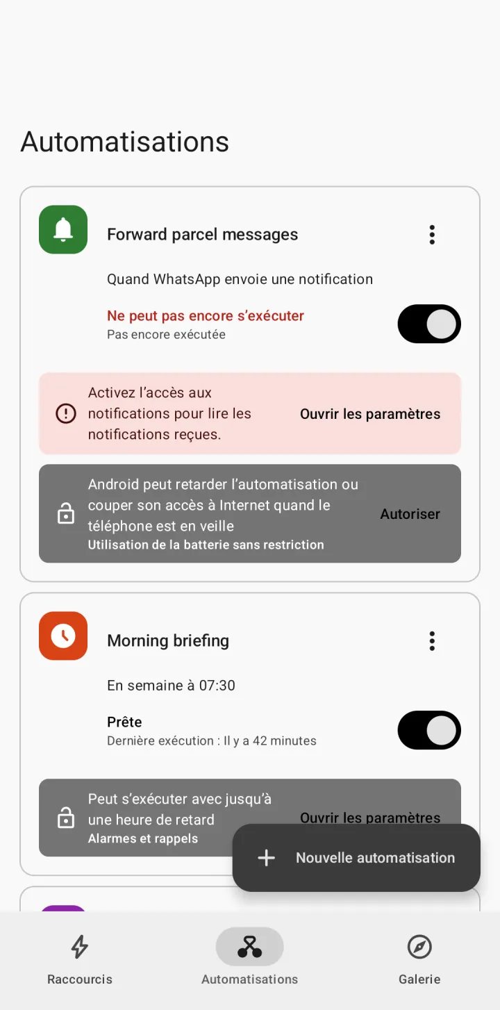 L’onglet Automatisations : chacune indique si elle est prête