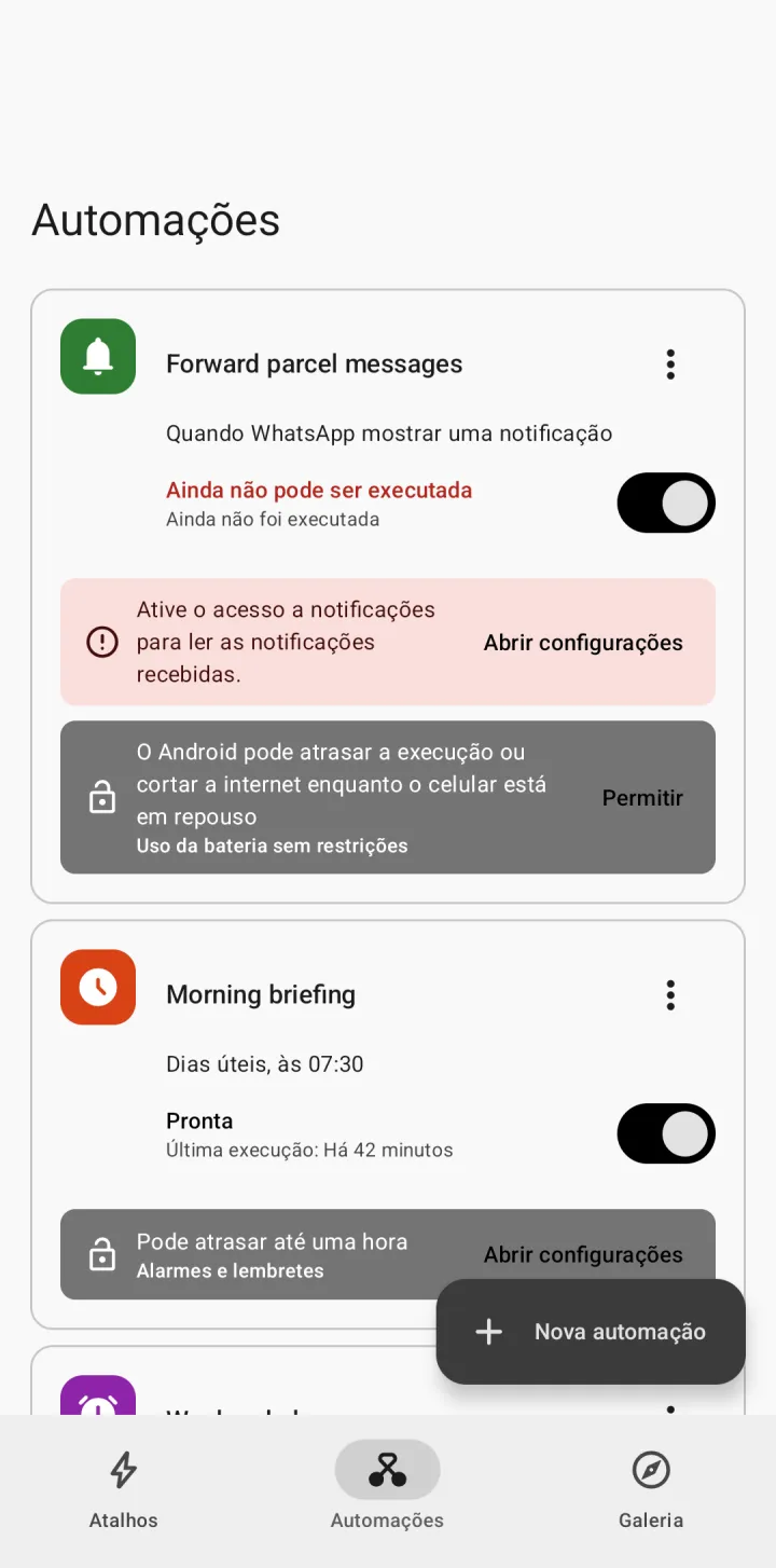 A aba Automações: cada uma mostra se está pronta